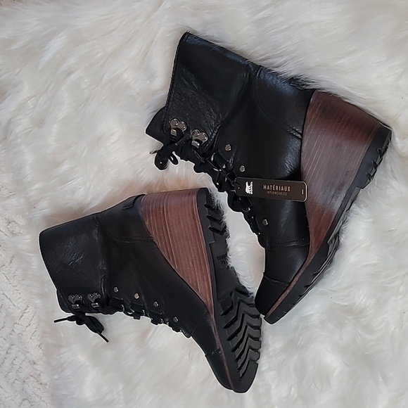 Sorel After Hours Wedge Boots Women’s 8.5 Black Leather Lace-Up Ankle - Picture 4 of 10